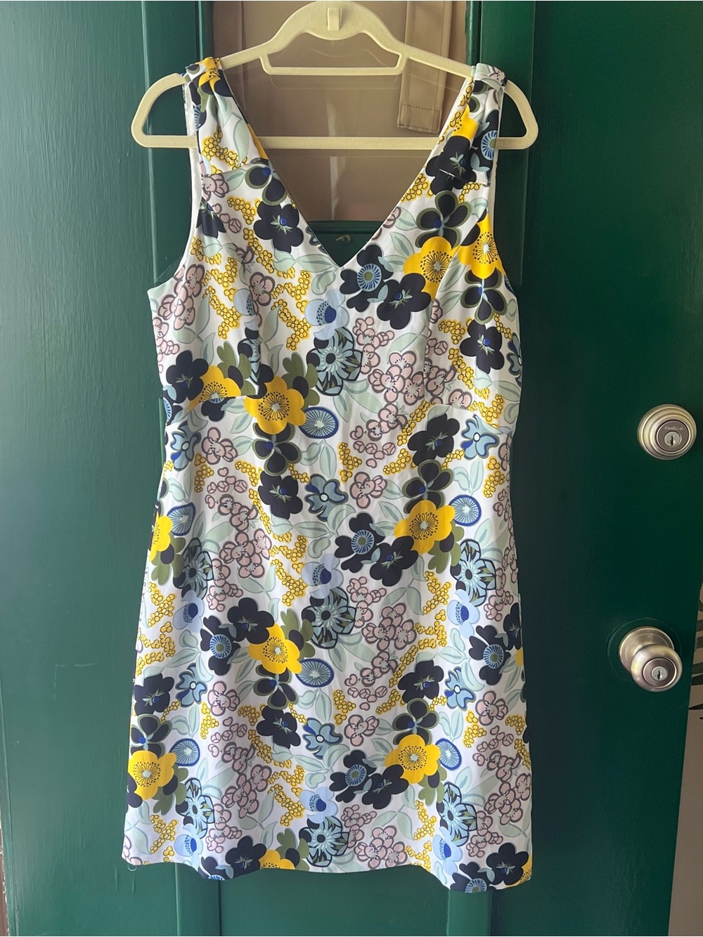 Ann Taylor Factory Yellow, Navy & Light Blue Floral V-Neck Mini Dress